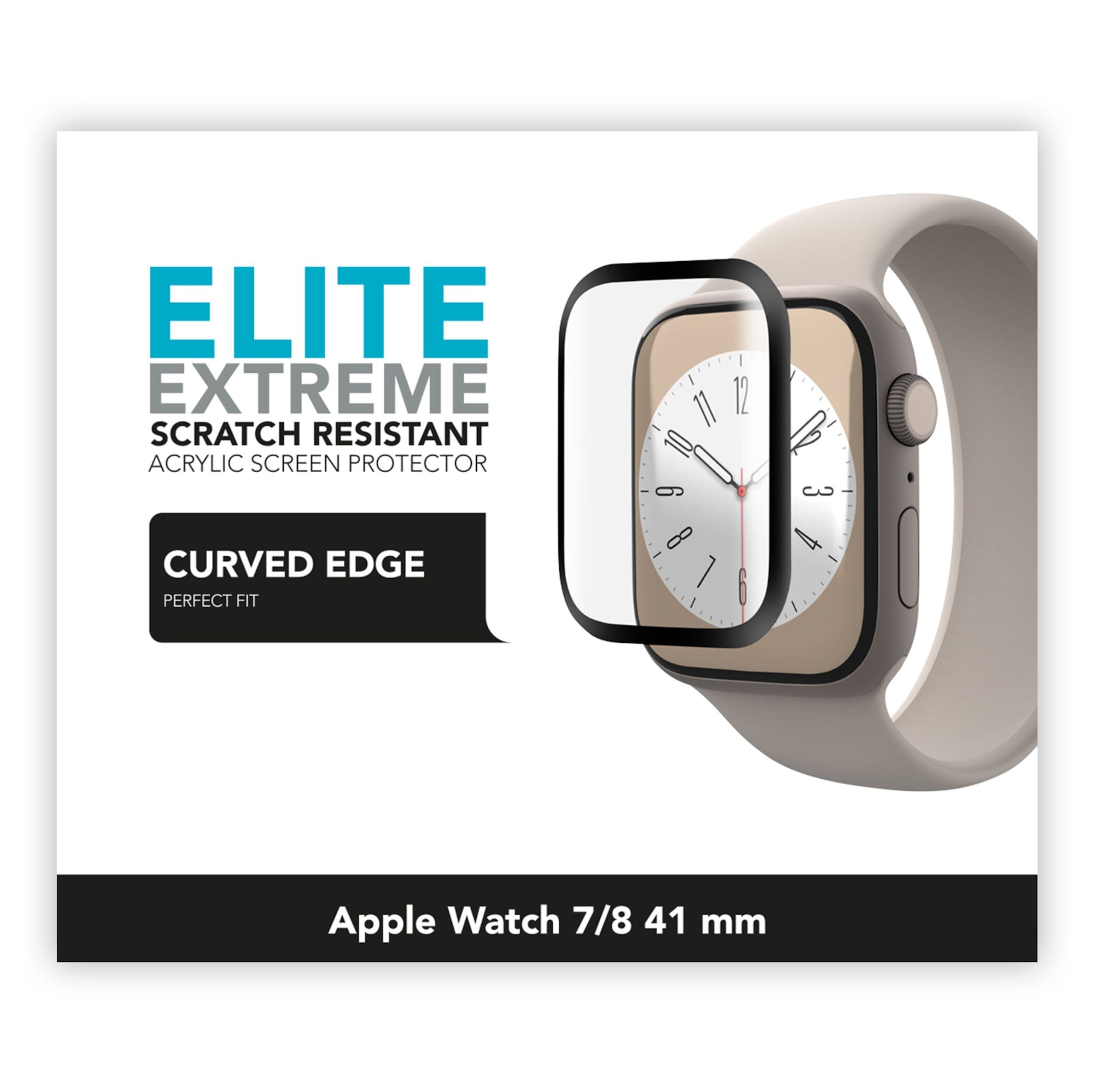 Elite Extreme Curved skærmbeskyttere til Apple Watch 41 mm Series 7/8/9, hærdet akrylglas, buet kant, tekst på skærmen.
