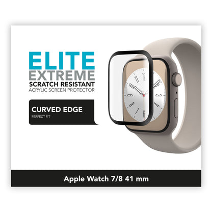 Elite Extreme Curved skærmbeskyttere til Apple Watch 41 mm Series 7/8/9, hærdet akrylglas, buet kant, tekst på skærmen.