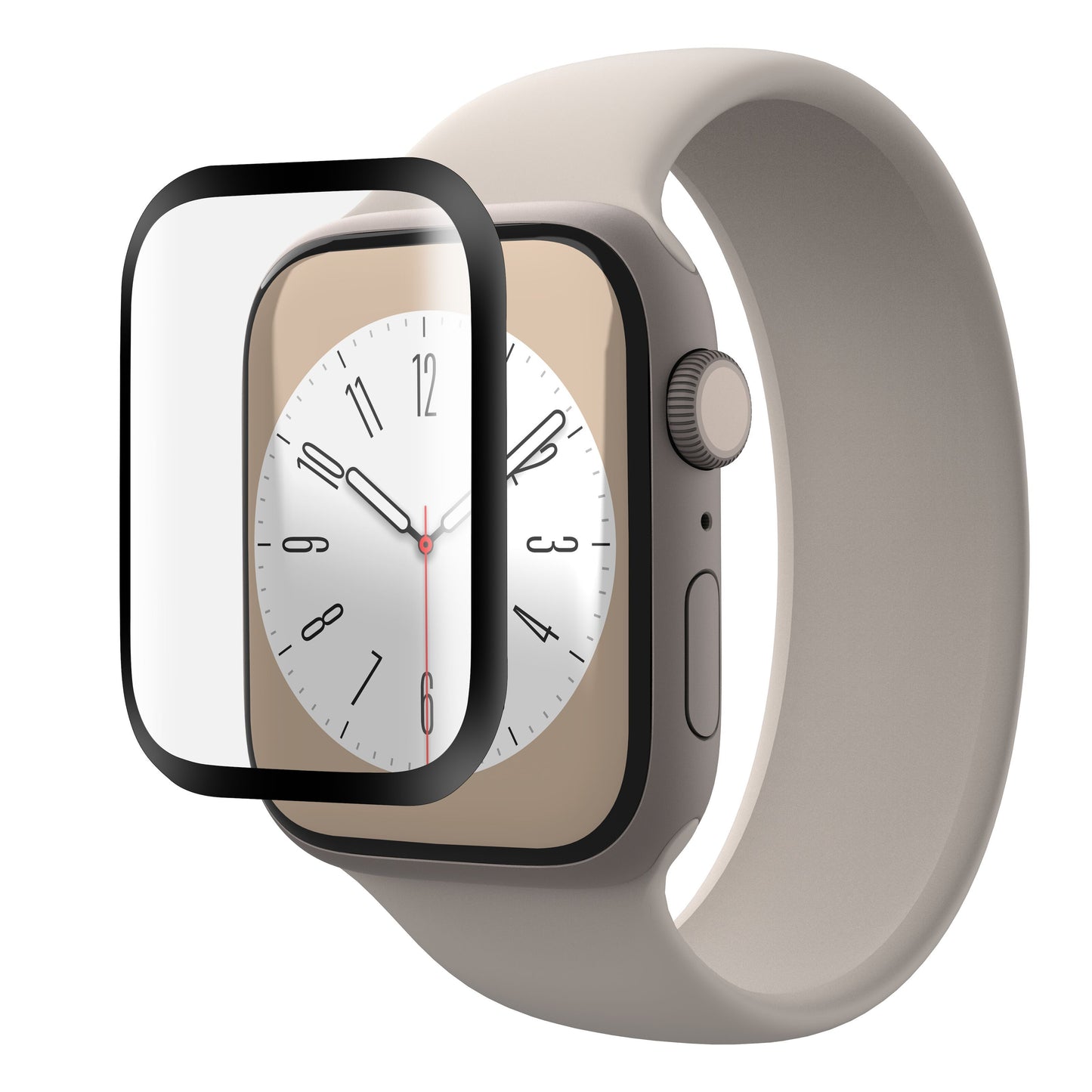 Apple Watch beige rem, hvid urskive, Linocell Elite Extreme Curved skærmbeskytter til Series 7/8/9 41 mm monteres.