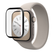 Apple Watch beige rem, hvid urskive, Linocell Elite Extreme Curved skærmbeskytter til Series 7/8/9 41 mm monteres.