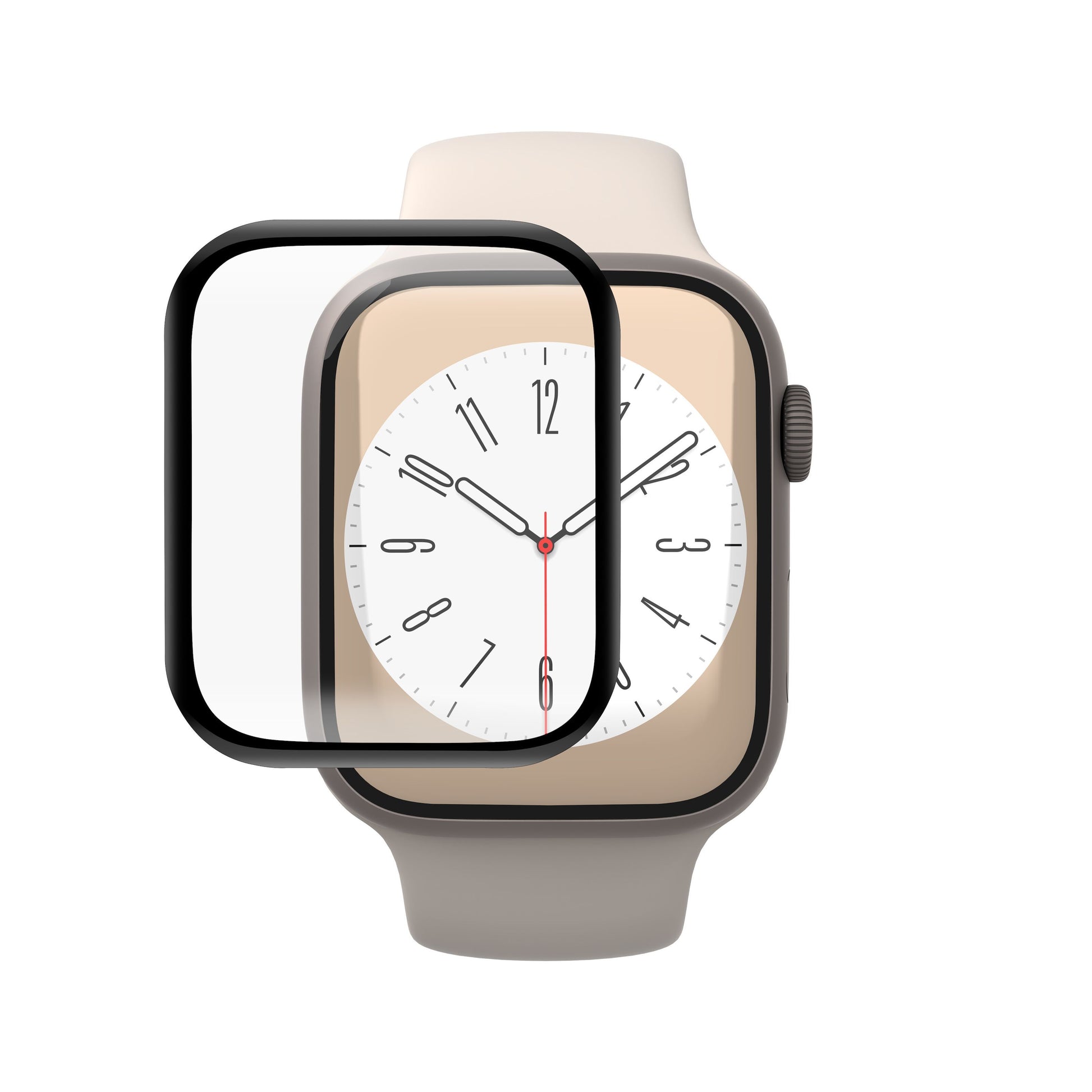 Beige smartwatch med analog urskive og Elite Extreme Curved skærmbeskyttere til Apple Watch 41 mm, hærdet akrylglas.