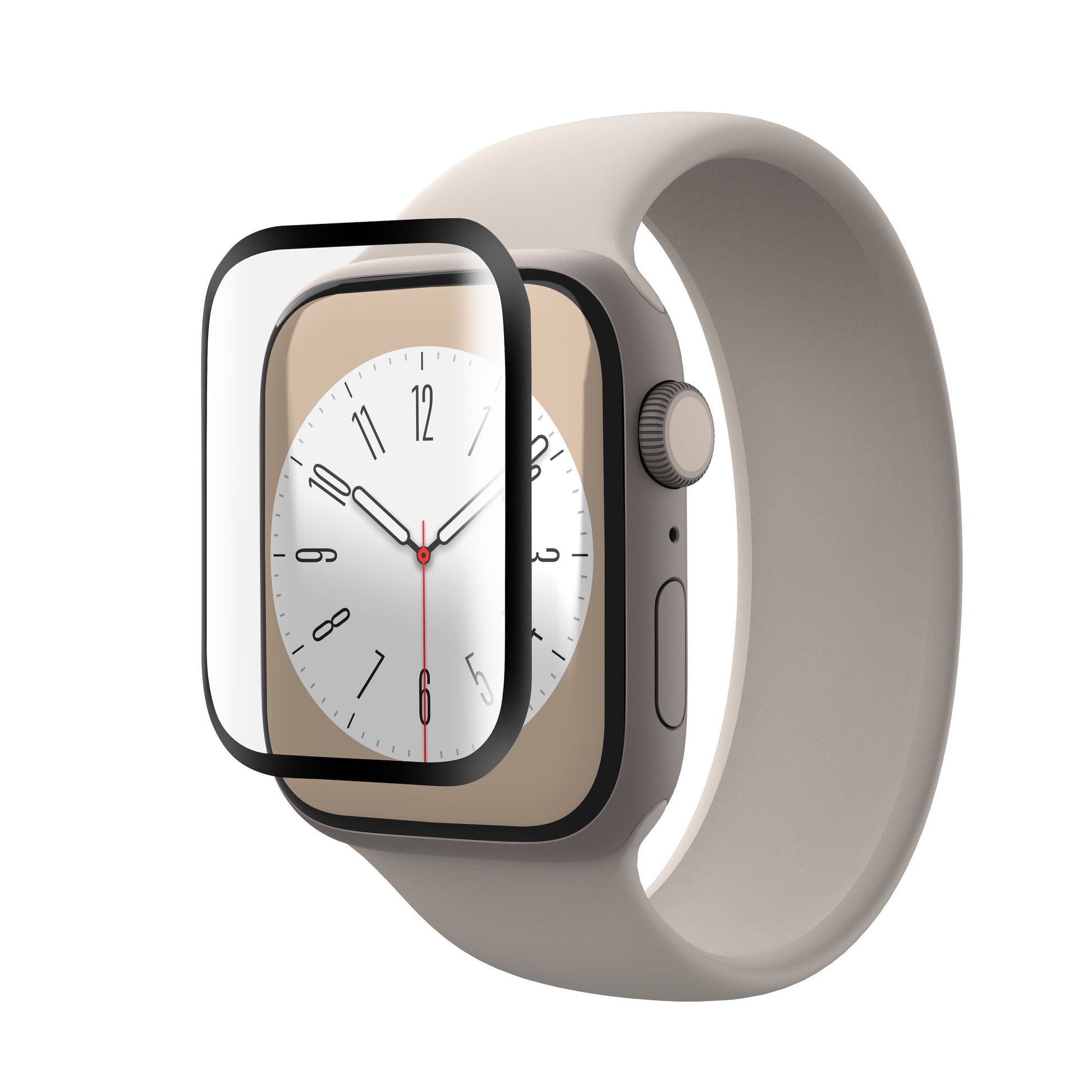 Apple Watch Series 7/8/9 45 mm digital beige ur med Elite Extreme Curved skærmbeskytter vist forstørret foran skærmen.