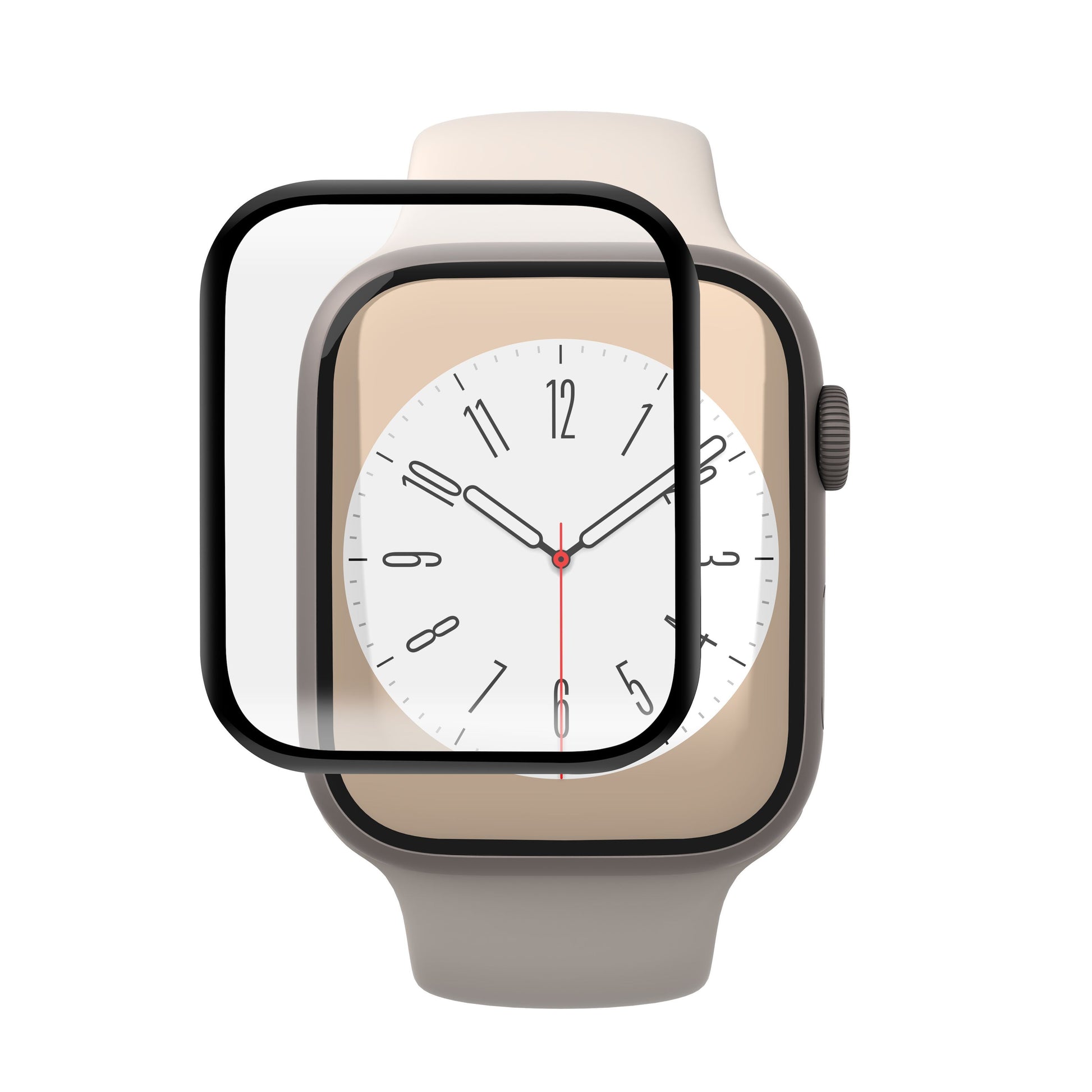 Smartwatch med analog urskive, beige, viser Elite Extreme Curved Skærmbeskytter til Apple Watch 7/8/9 45 mm, sideknap.