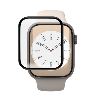 Smartwatch med analog urskive, beige, viser Elite Extreme Curved Skærmbeskytter til Apple Watch 7/8/9 45 mm, sideknap.