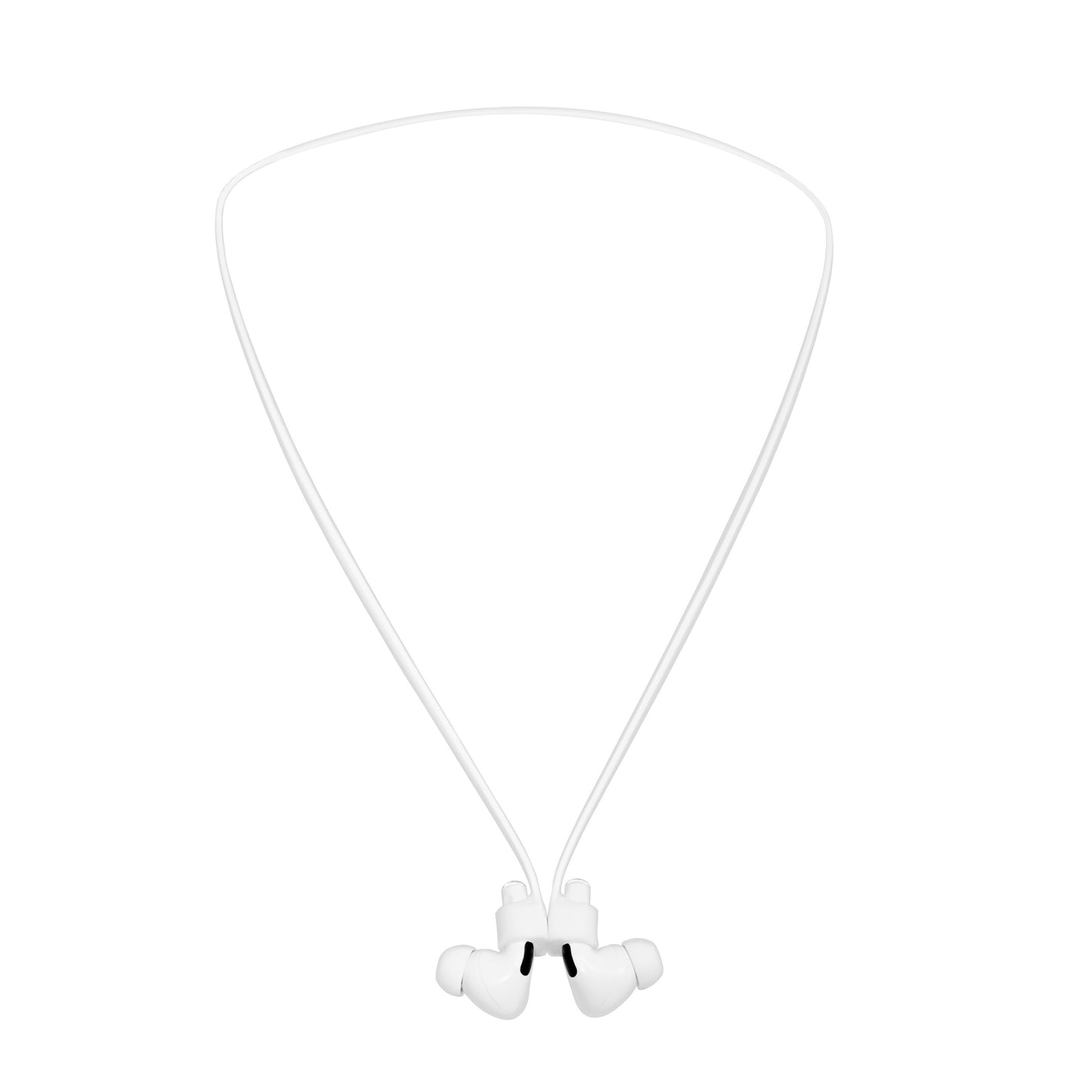 Linocell Airpods-rem hvide trådløse in-ear høretelefoner med fleksibelt nakkebånd og indadvendte ørepropper.