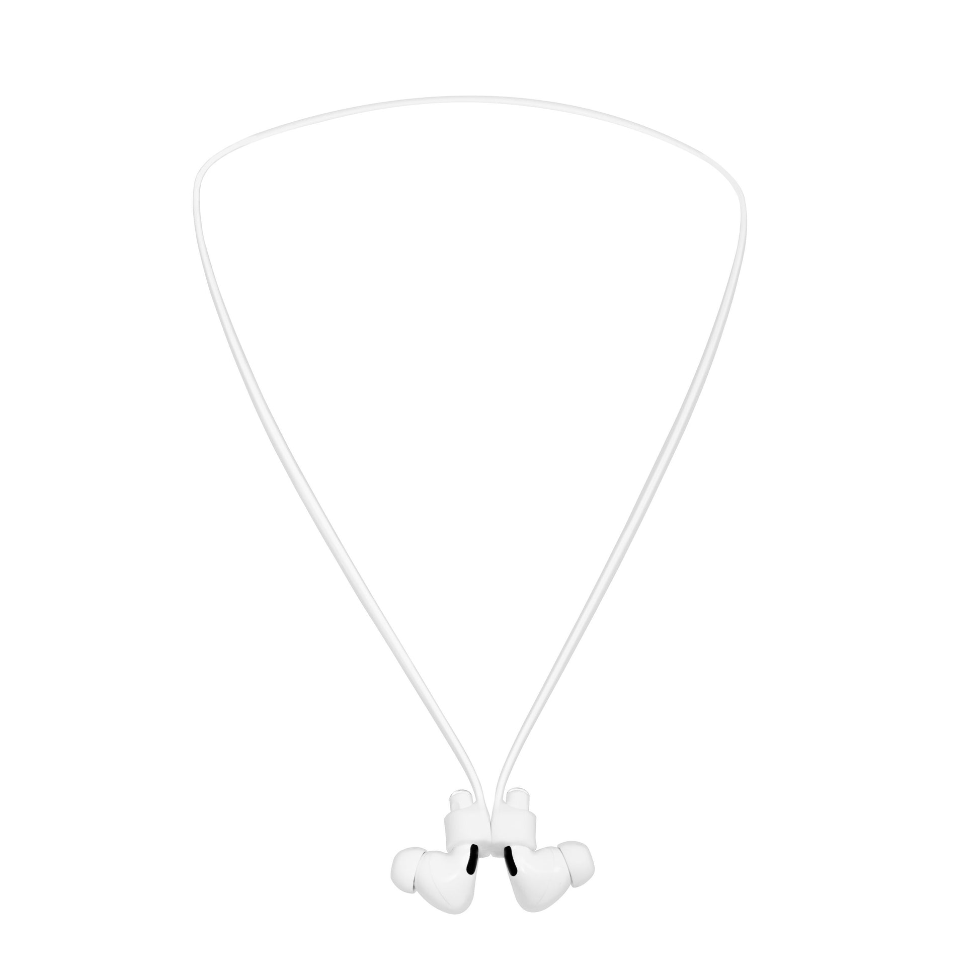 Linocell Airpods-rem hvide trådløse in-ear høretelefoner med fleksibelt nakkebånd og indadvendte ørepropper.