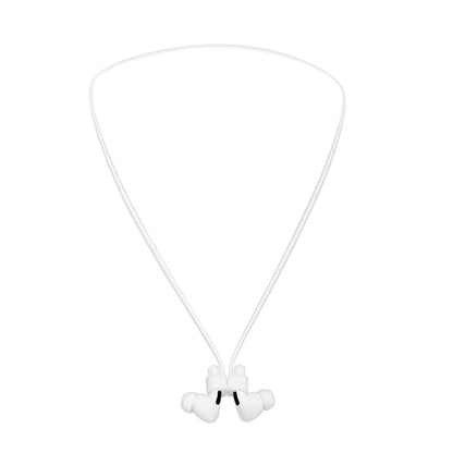 Linocell Airpods-rem hvide trådløse in-ear høretelefoner med fleksibelt nakkebånd og indadvendte ørepropper.