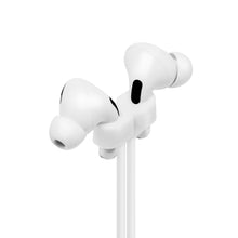 Trådløse hvide øretelefoner med silikonepropper forbundet af hvid Airpods-rem, model Airpods-rem.