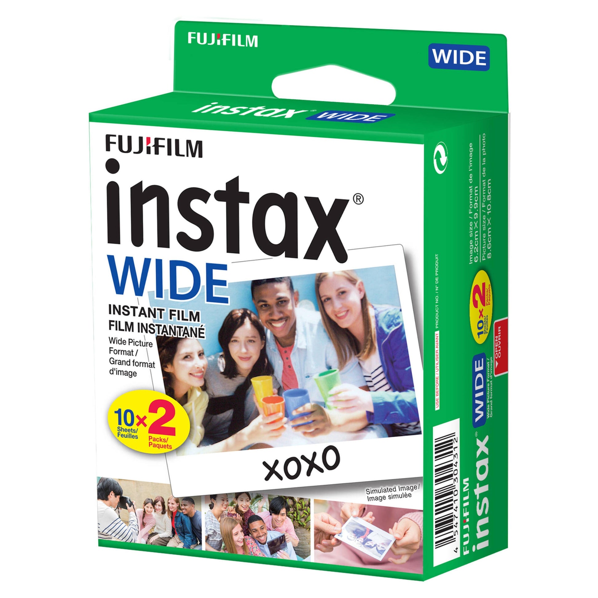 Fujifilm Instax Wide film 20-pak, bredformat til Instax Link Wide, farverig emballage med fem personer og Fujifilm-logo.