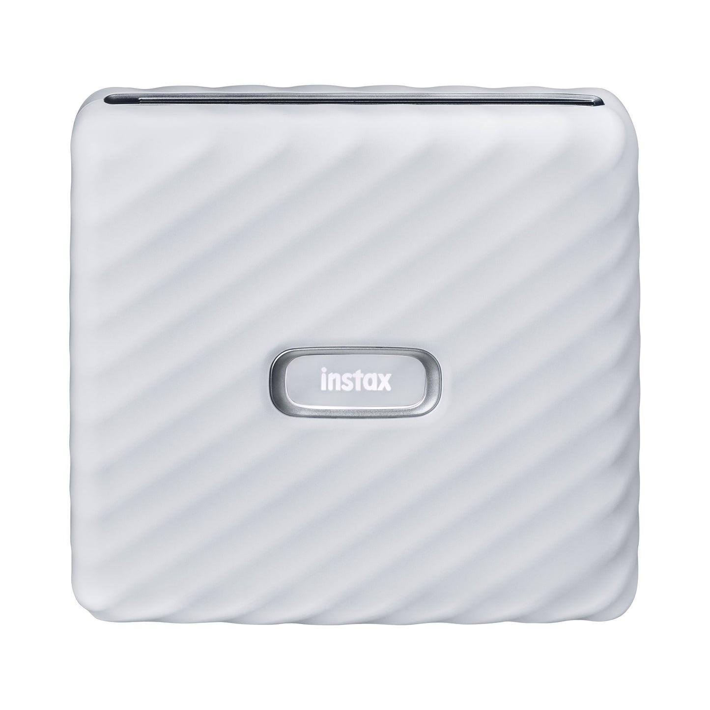 Fujifilm Instax Link Wide smartphone printer hvid, rektangulær med diagonalt mønster og centralt instax-knap front.