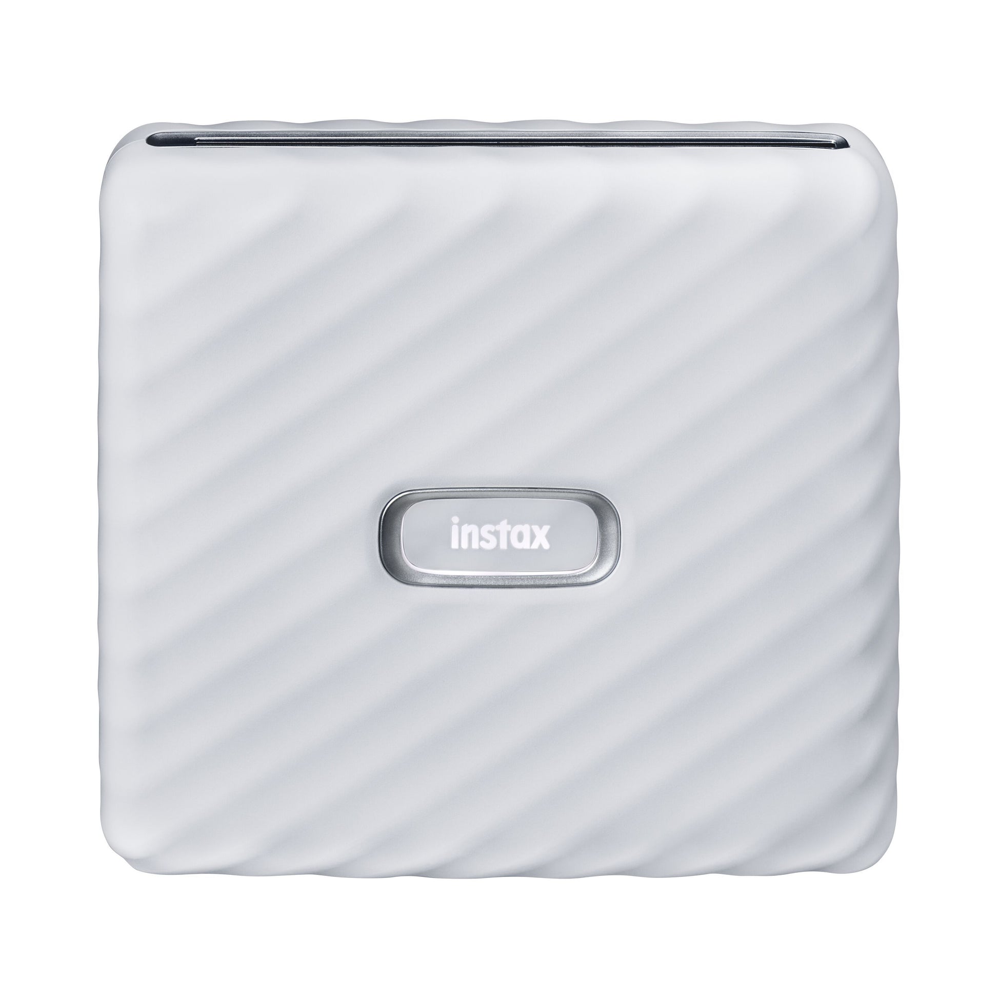 Fujifilm Instax Link Wide smartphone printer hvid, rektangulær med diagonalt mønster og centralt instax-knap front.