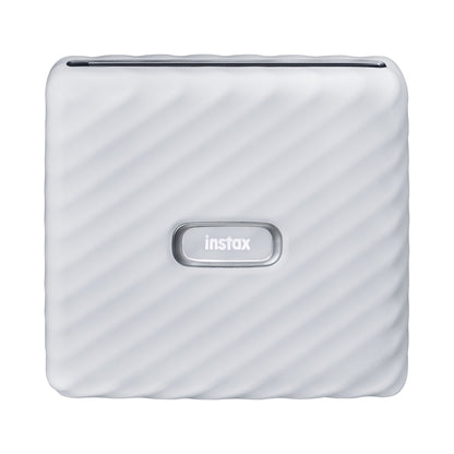 Fujifilm Instax Link Wide smartphone printer hvid, rektangulær med diagonalt mønster og centralt instax-knap front.