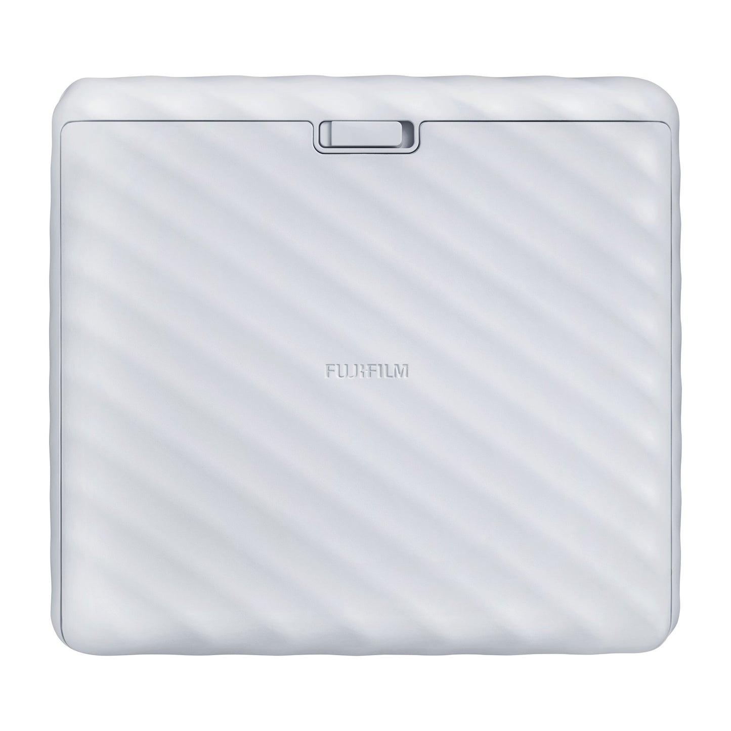 Fujifilm Instax Link Wide smartphone-printer, hvid, kvadratisk med diagonale striber og FUJIFILM-logo i midten.