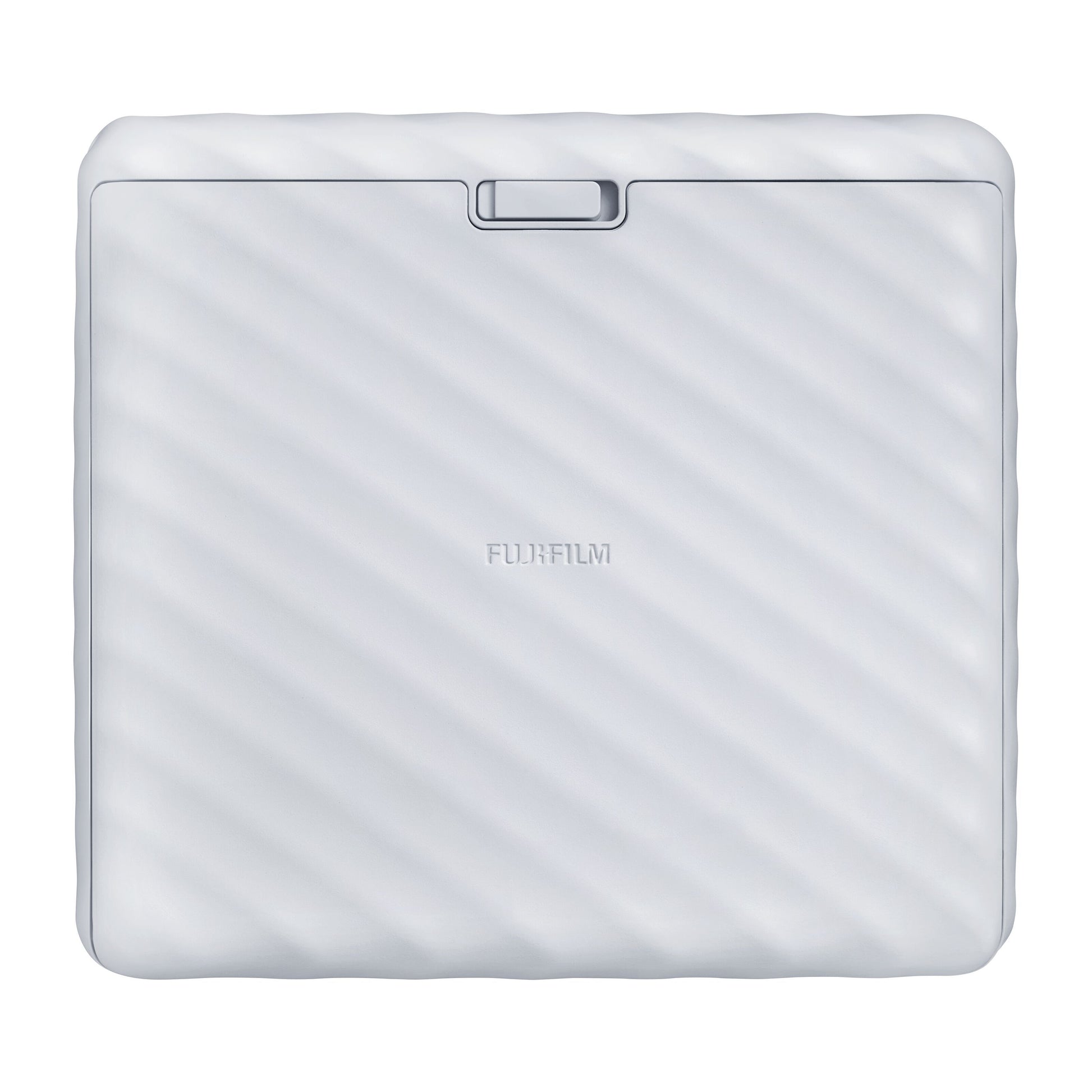 Fujifilm Instax Link Wide smartphone-printer, hvid, kvadratisk med diagonale striber og FUJIFILM-logo i midten.