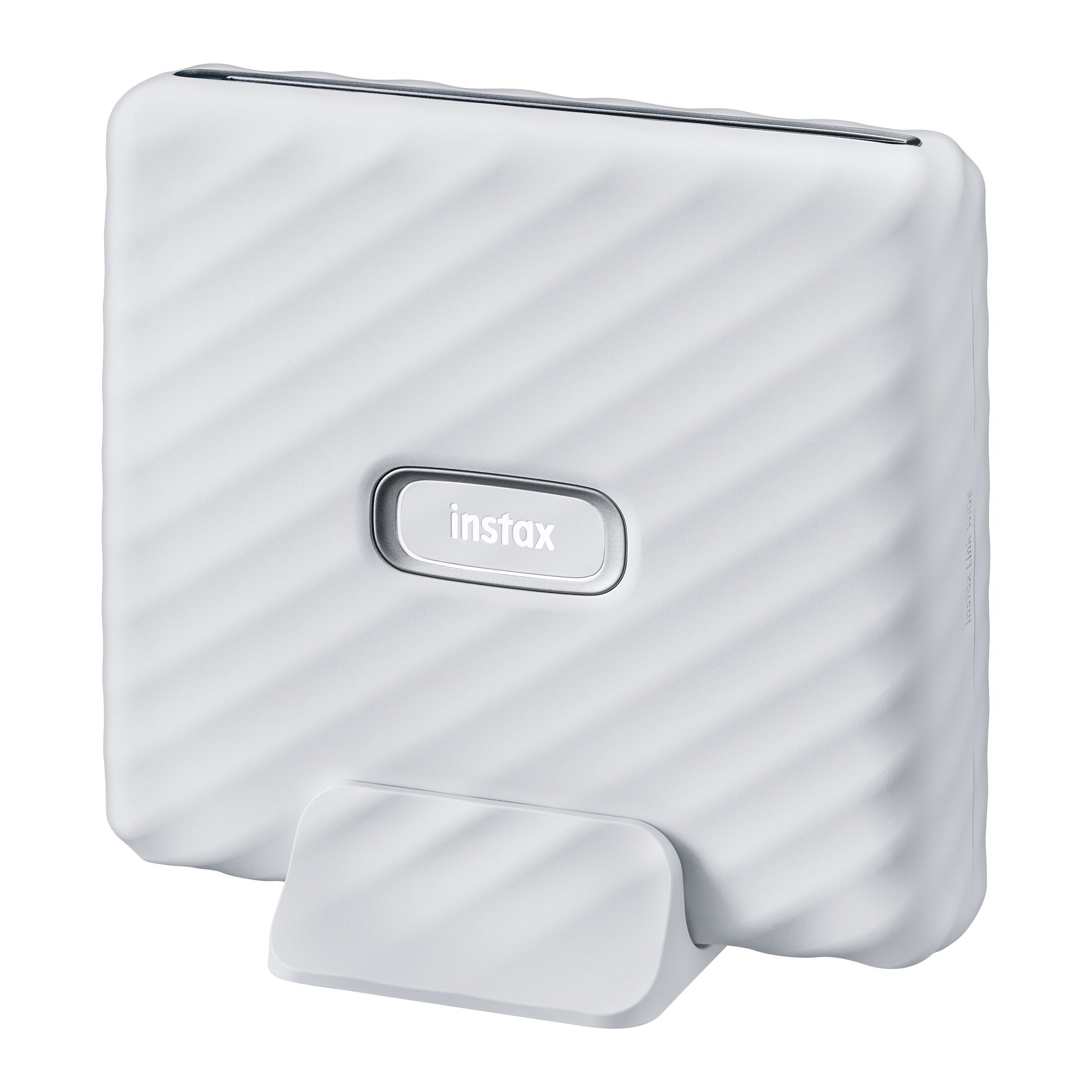 Fujifilm Instax Link Wide smartphone printer, hvid, rektangulær med afrundede kanter, bølget overflade, instax-logo foran.