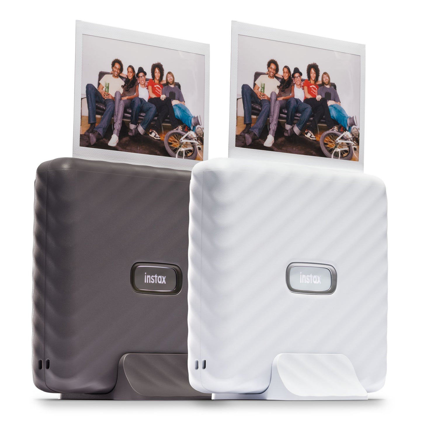 Fujifilm Instax Link Wide printer, sort og hvid, begge udskriver farvefoto via Instax Wide, model Hvid synlig.