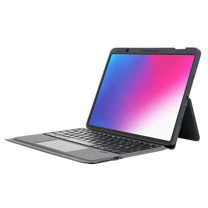Linocell tastaturcover til iPad 10.2/10.5, grå, indbygget trackpad og penholder, vist åbent med farverig skærm.
