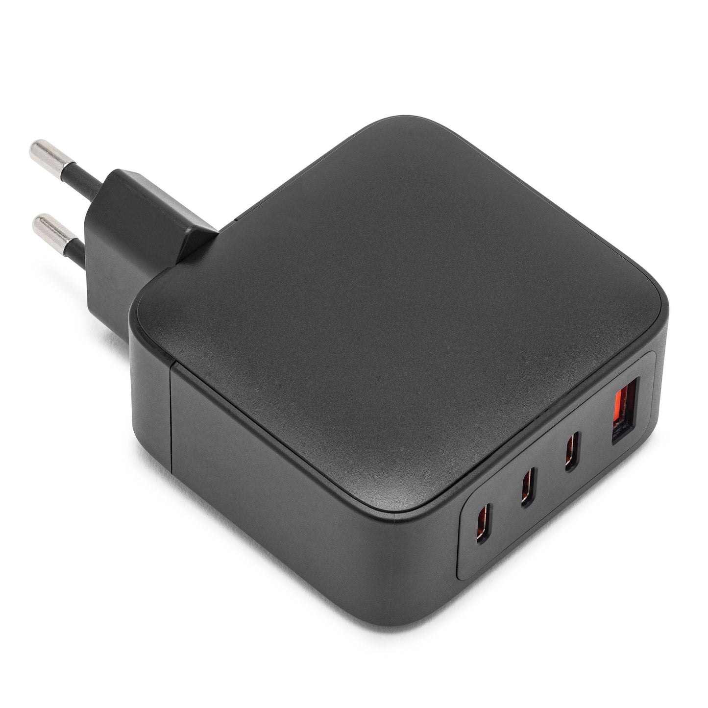 GaN multioplader PD 3.1 140 W sort med EU-stik, tre USB-C og én USB-A port, Power Delivery 3.1-understøttelse.