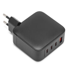 GaN multioplader PD 3.1 140 W sort med EU-stik, tre USB-C og én USB-A port, Power Delivery 3.1-understøttelse.