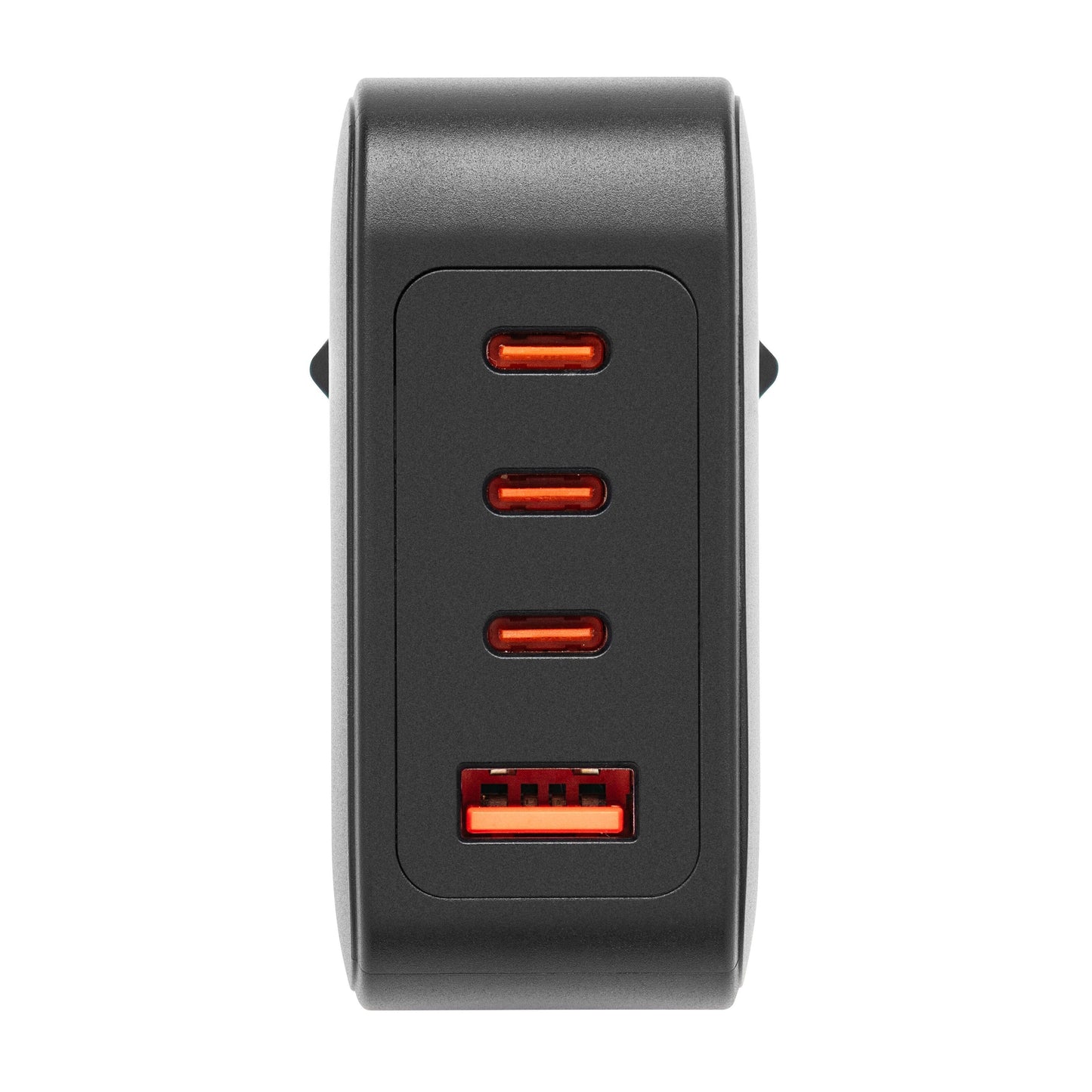 Sort GaN multioplader PD 3.1 140W med tre USB-C porte i stak og én rød-accentueret USB-A port nederst.