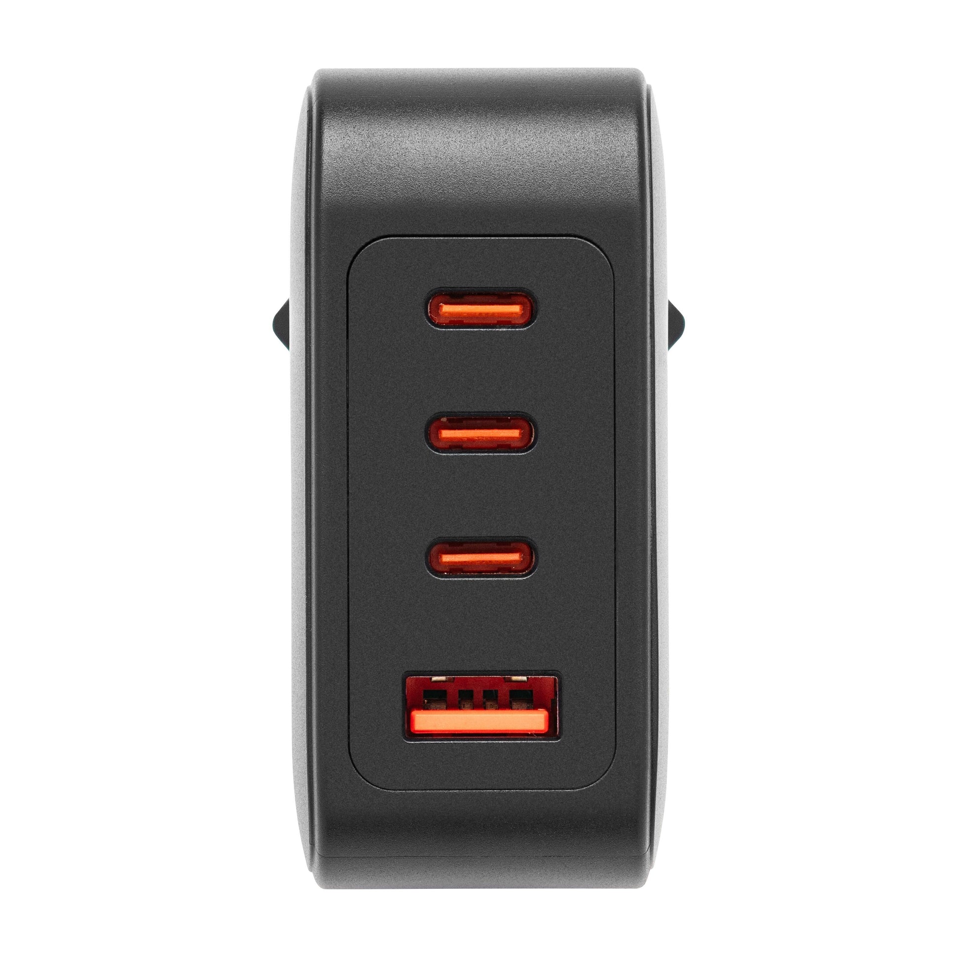 Sort GaN multioplader PD 3.1 140W med tre USB-C porte i stak og én rød-accentueret USB-A port nederst.