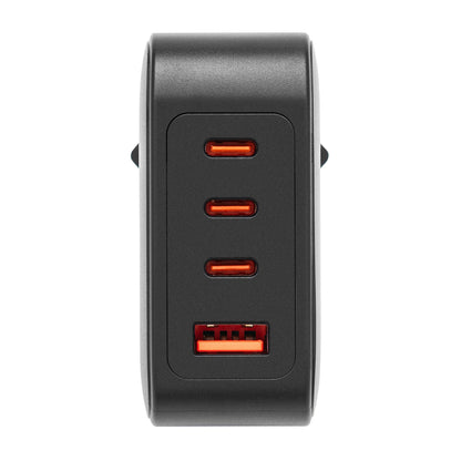 Sort GaN multioplader PD 3.1 140W med tre USB-C porte i stak og én rød-accentueret USB-A port nederst.
