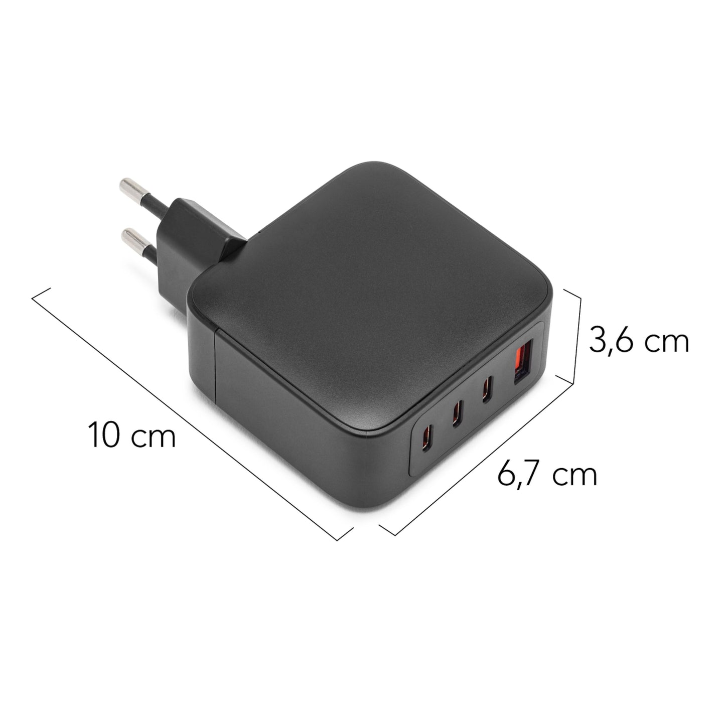 Linocell GaN multioplader PD 3.1 sort, 140 W, 4 USB porte, EU-stik, størrelse 10×6,7×3,6 cm.
