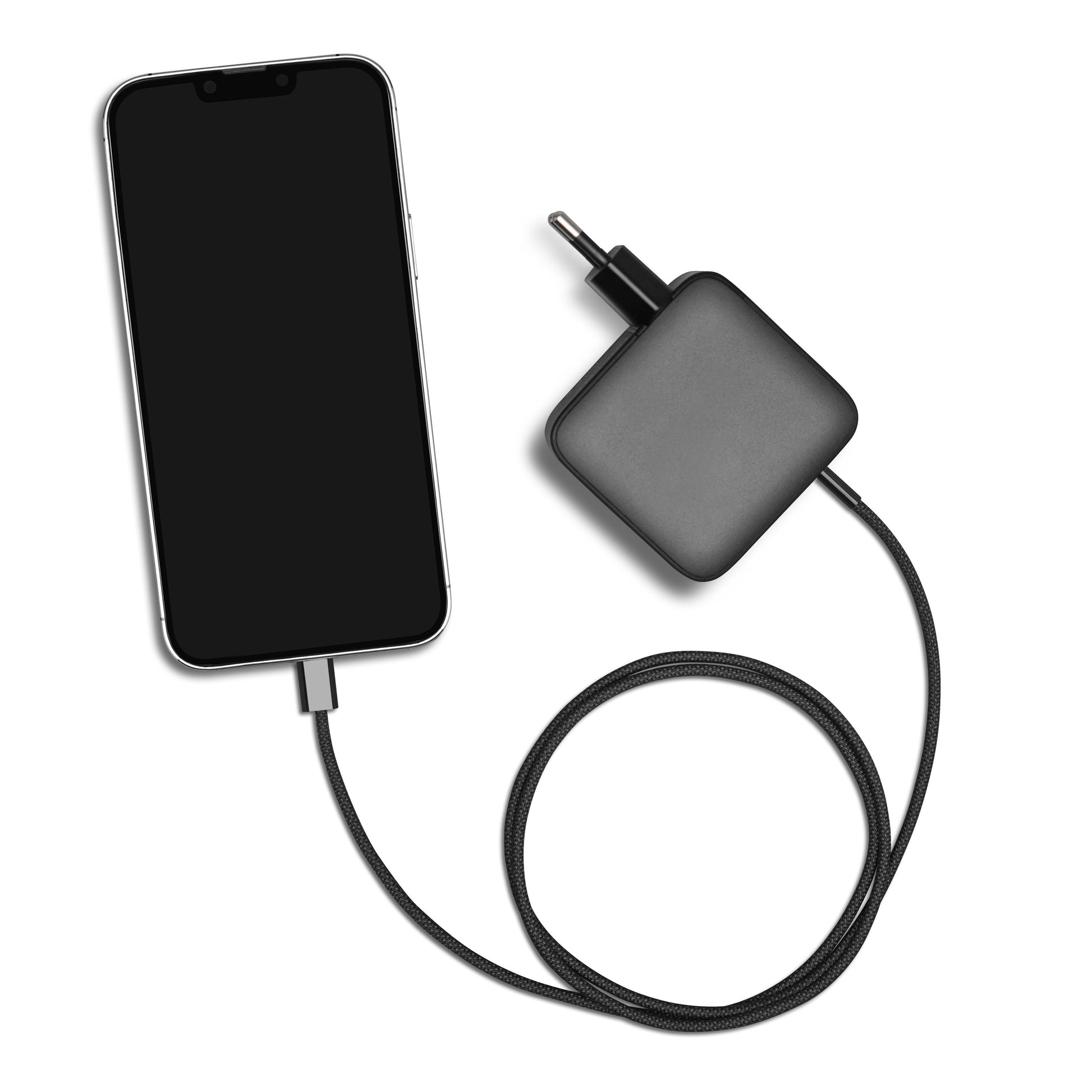 Sort smartphone tilsluttet Linocell Premium GaN multioplader PD 3.1 140W Sort via flettet kabel USB Power Delivery 3.1.