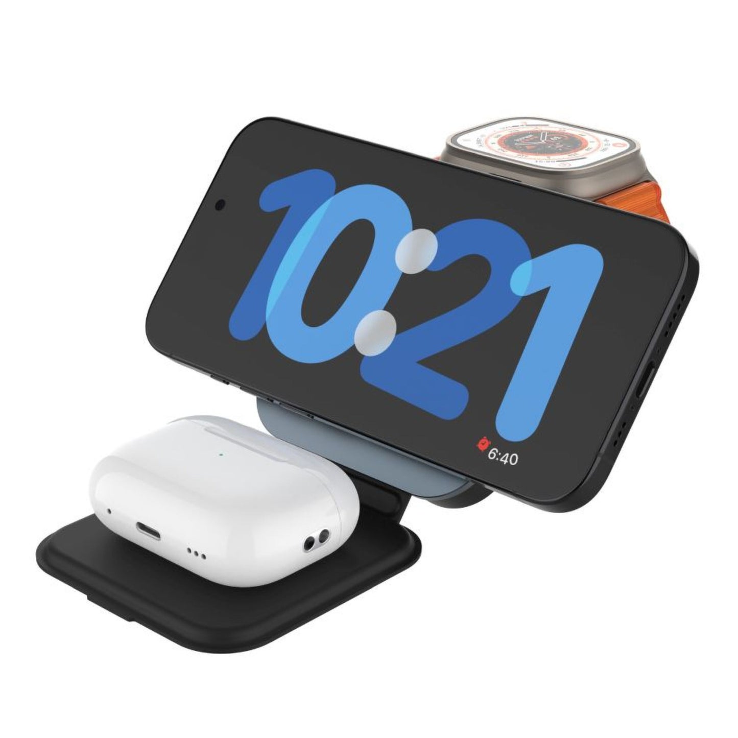 Fixed MagFlex Alu 3-i-1 trådløs oplader med MagSafe sort til iPhone, Apple Watch og AirPods.
