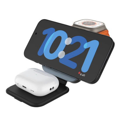 Fixed MagFlex Alu 3-i-1 trådløs oplader med MagSafe sort til iPhone, Apple Watch og AirPods.