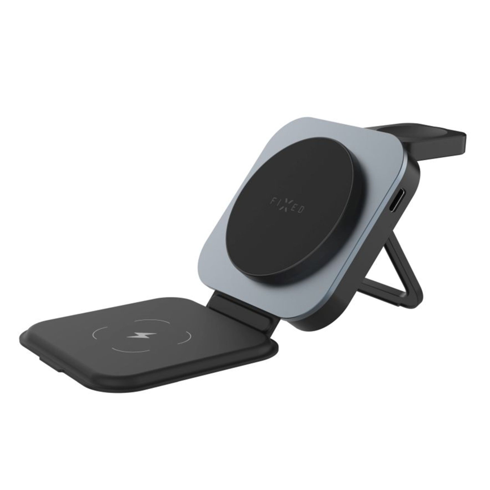Fast MagFlex Alu 3-i-1 trådløs oplader med MagSafe sort/grå, til ladepads og integreret stander til iPhone, AirPods, Apple Watch.