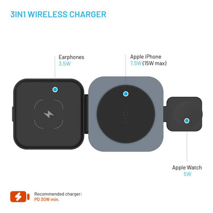 Fixed MagFlex Alu 3-i-1 trådløs oplader med MagSafe oplader iPhone, AirPods og Apple Watch samtidigt markerede zoner.