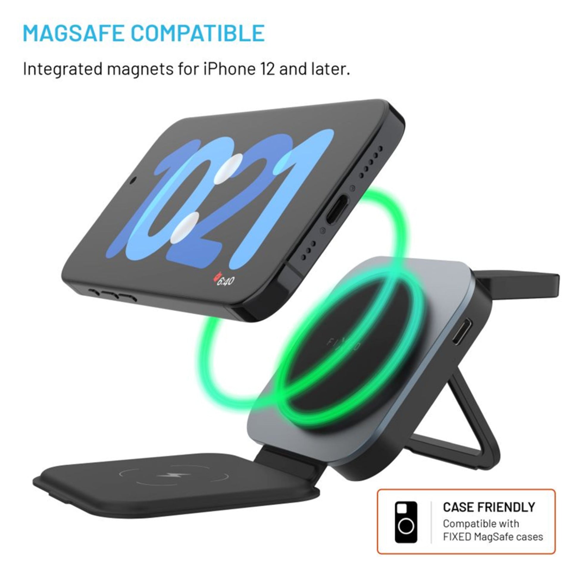 Fixed MagFlex Alu 3-i-1 trådløs oplader med MagSafe til iPhone 12+, AirPods, Apple Watch, magnetisk fastgørelse.