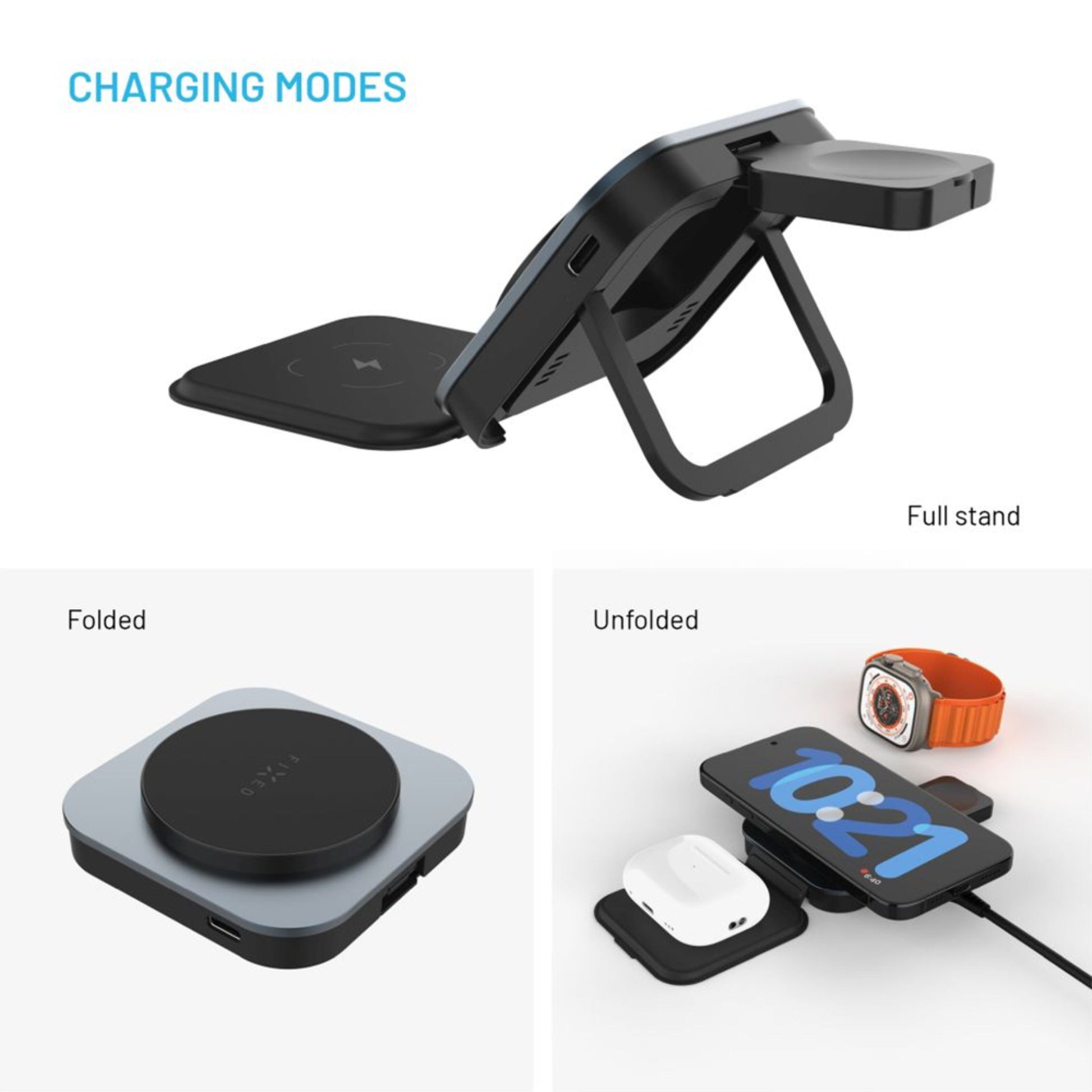 Fixed MagFlex Alu 3-i-1 trådløs oplader med MagSafe vises i tre opladningstilstande til iPhone, AirPods og Apple Watch.
