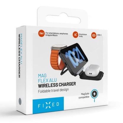 Fixed MagFlex Alu 3-i-1 trådløs oplader med MagSafe, foldbar, til smartphone, smartwatch og ørepropper, aluminium.