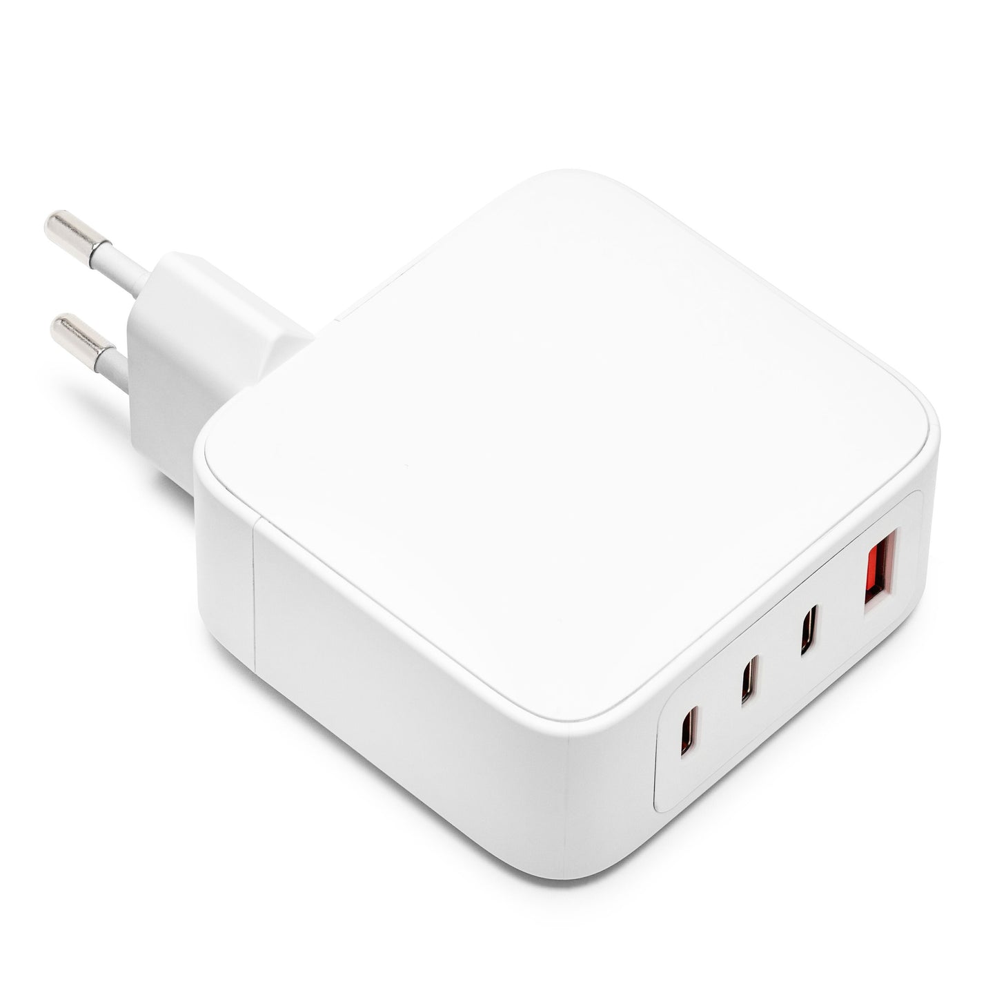 GaN multioplader PD 3.1 140W hvid med europæisk stik, 2x USB-C, 1x USB-A, 1x rød-accenteret port, hurtig opladning.