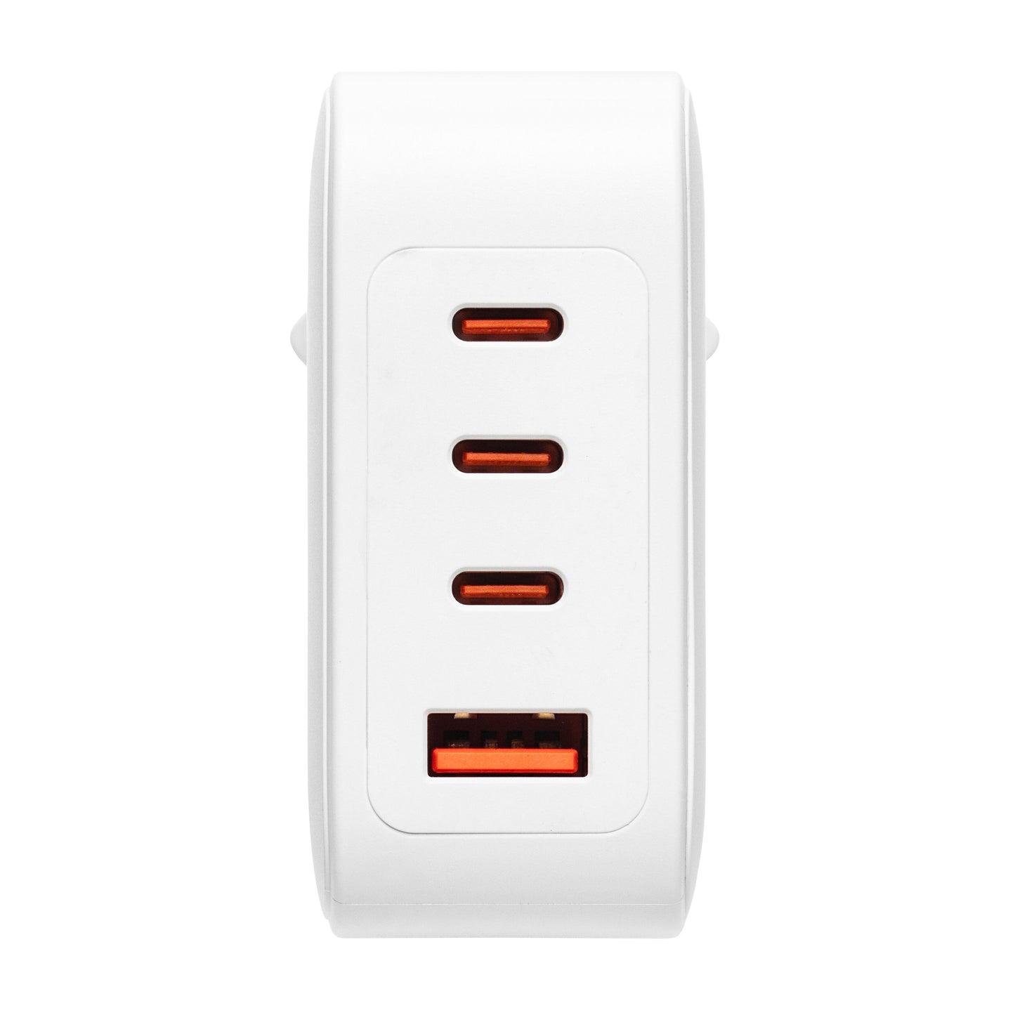 Linocell Premium GaN multioplader PD 3.1 140 W hvid med tre USB-C-porte og en orange USB-A-port på fronten.