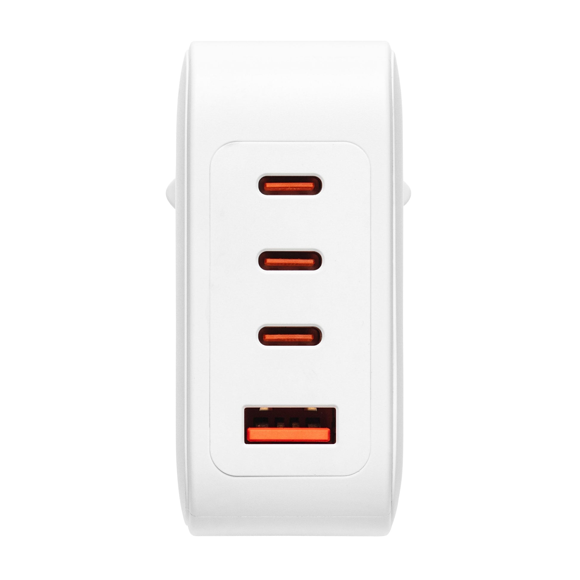 Linocell Premium GaN multioplader PD 3.1 140 W hvid med tre USB-C-porte og en orange USB-A-port på fronten.
