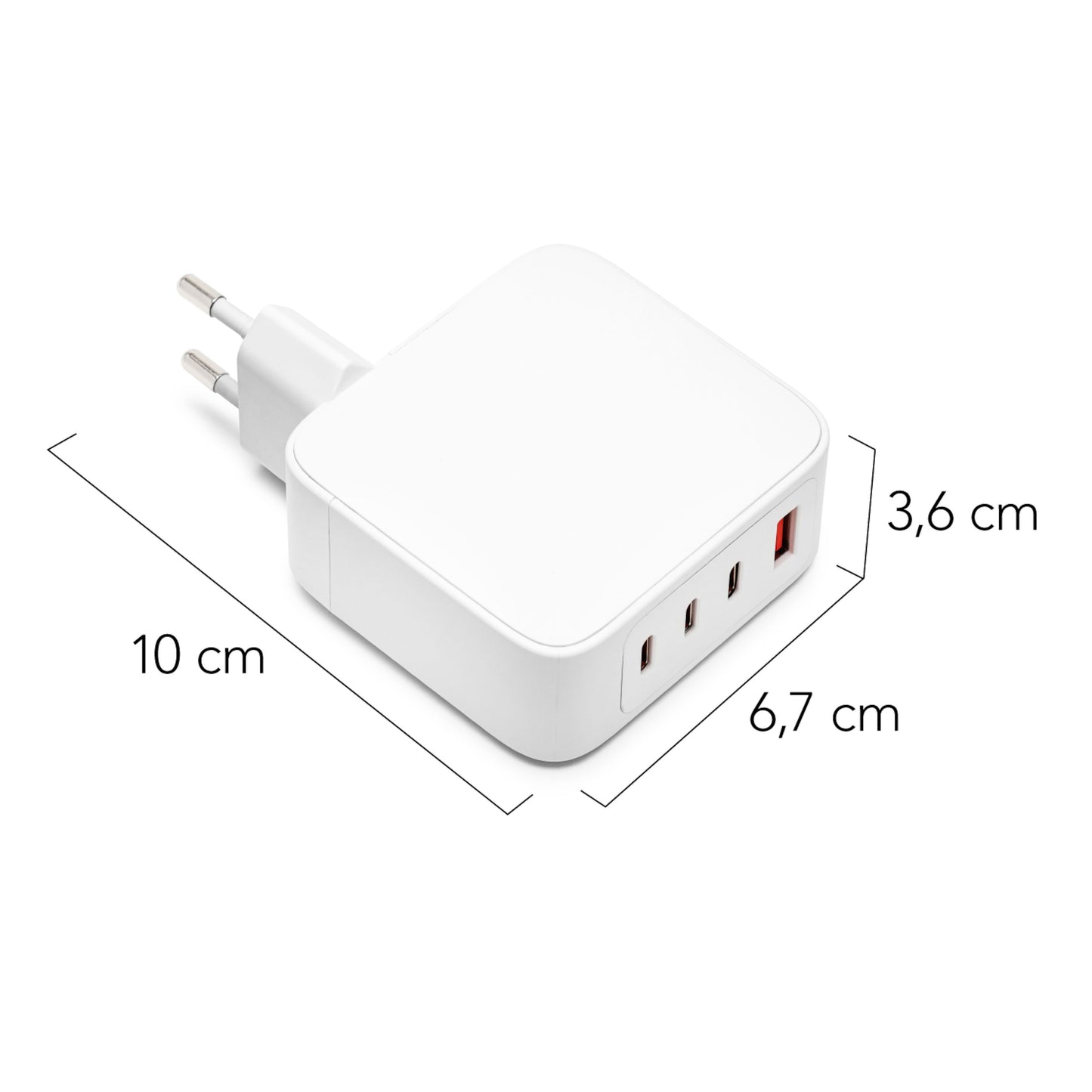 Linocell Premium GaN multioplader PD 3.1 140 W hvid med 3 USB-porte, EU-stik, måler 10×6,7×3,6 cm.