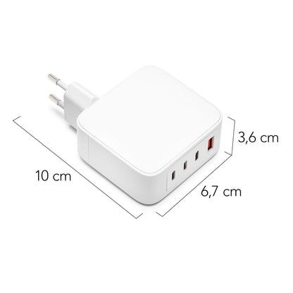 Linocell Premium GaN multioplader PD 3.1 140 W hvid med 3 USB-porte, EU-stik, måler 10×6,7×3,6 cm.