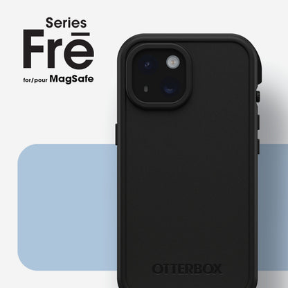 Otterbox Fre cover til iPhone 15 på smartphone, tekst "Series Frē for MagSafe" øverst tv, blå baggrund, MagSafe-kompatibelt.
