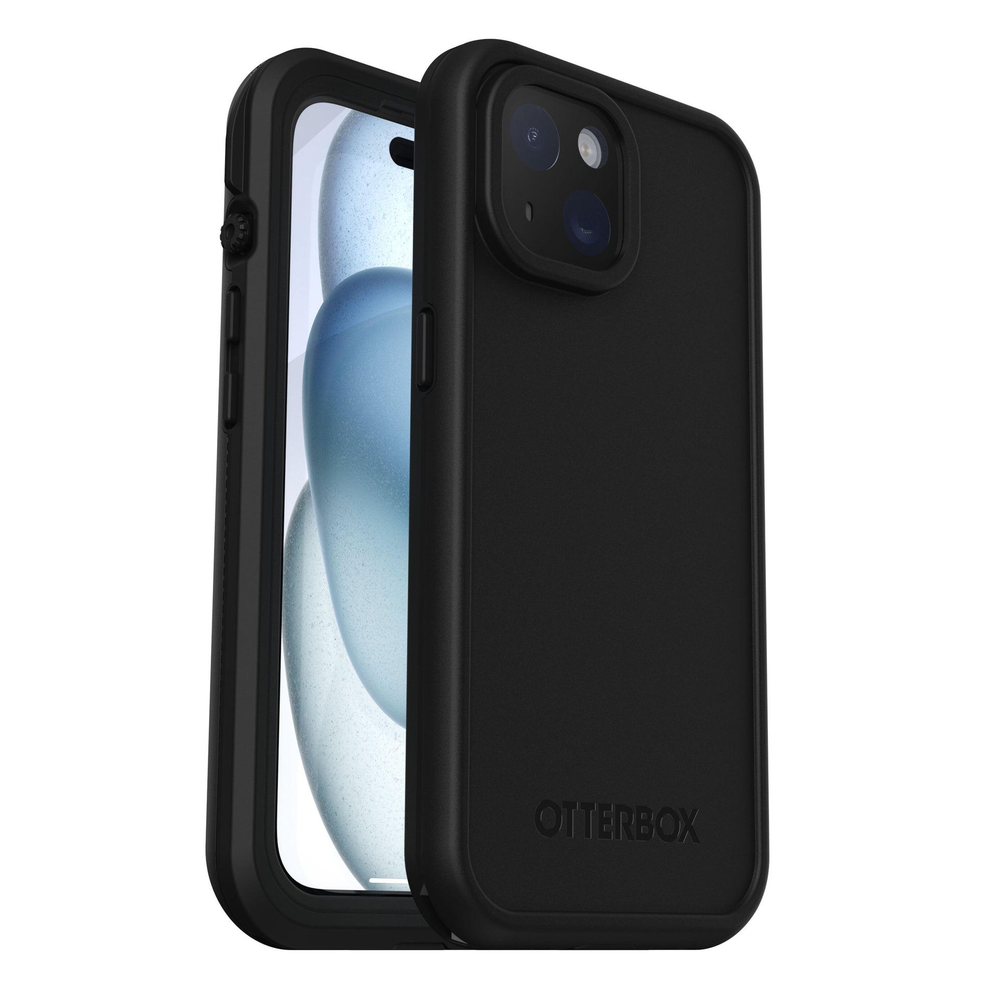 Otterbox Fre cover til iPhone 15 med synlig skærm, kameraudskæringer og MagSafe-kompatibel bagside.