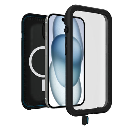 Otterbox Fre cover til iPhone 15, sort med transparent front, vises adskilt i tre dele, MagSafe-kompatibel.