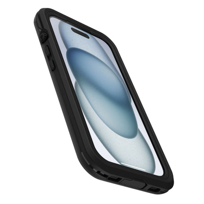 IPhone 15 med sort Otterbox Fre cover, MagSafe kompatibel, skråt sæt med blå og hvidt abstrakt skærmdesign.