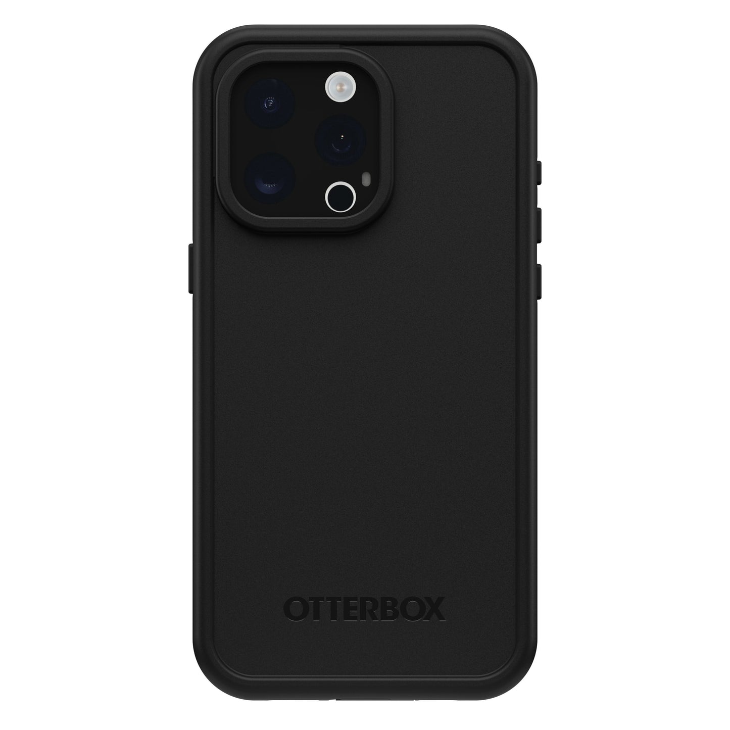 Otterbox Fre cover til iPhone 15 Pro Max sort, MagSafe, præcise kamerahuller, Otterbox-logo nederst.