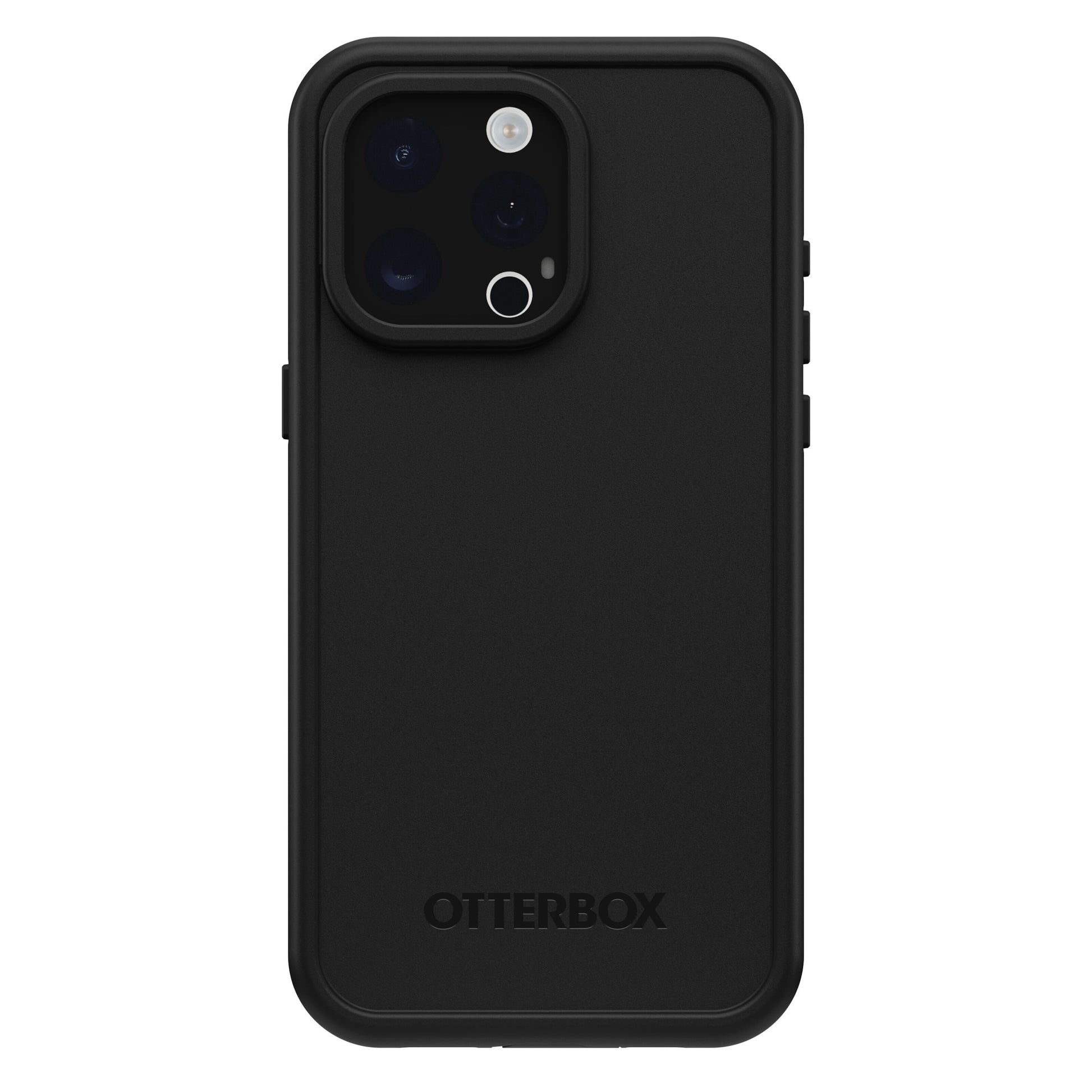 Otterbox Fre cover til iPhone 15 Pro Max sort, MagSafe, præcise kamerahuller, Otterbox-logo nederst.