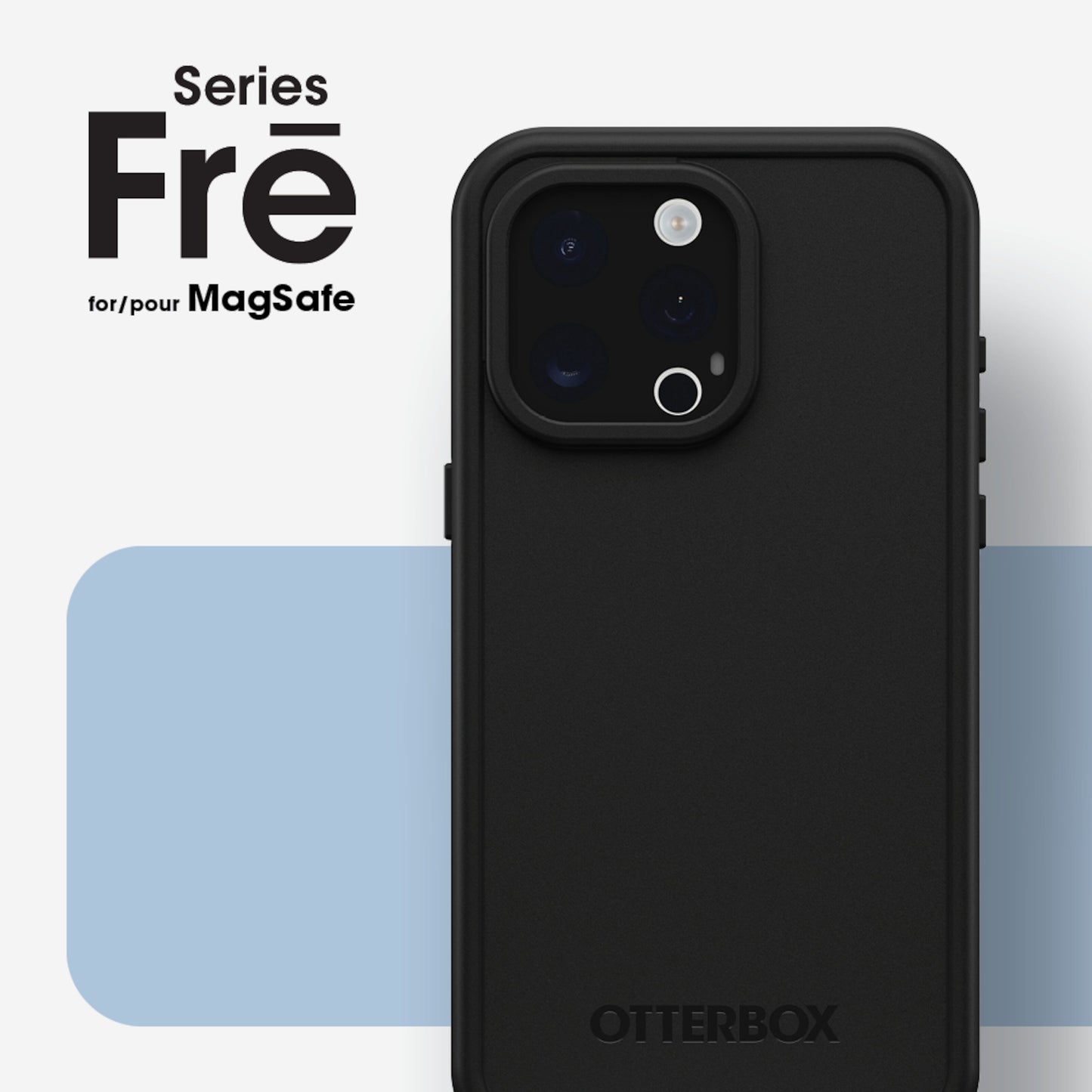 Otterbox Fre cover til iPhone 15 Pro Max sort, tekst "Series Frē for MagSafe understøttelse", vandtæt mobilcover.
