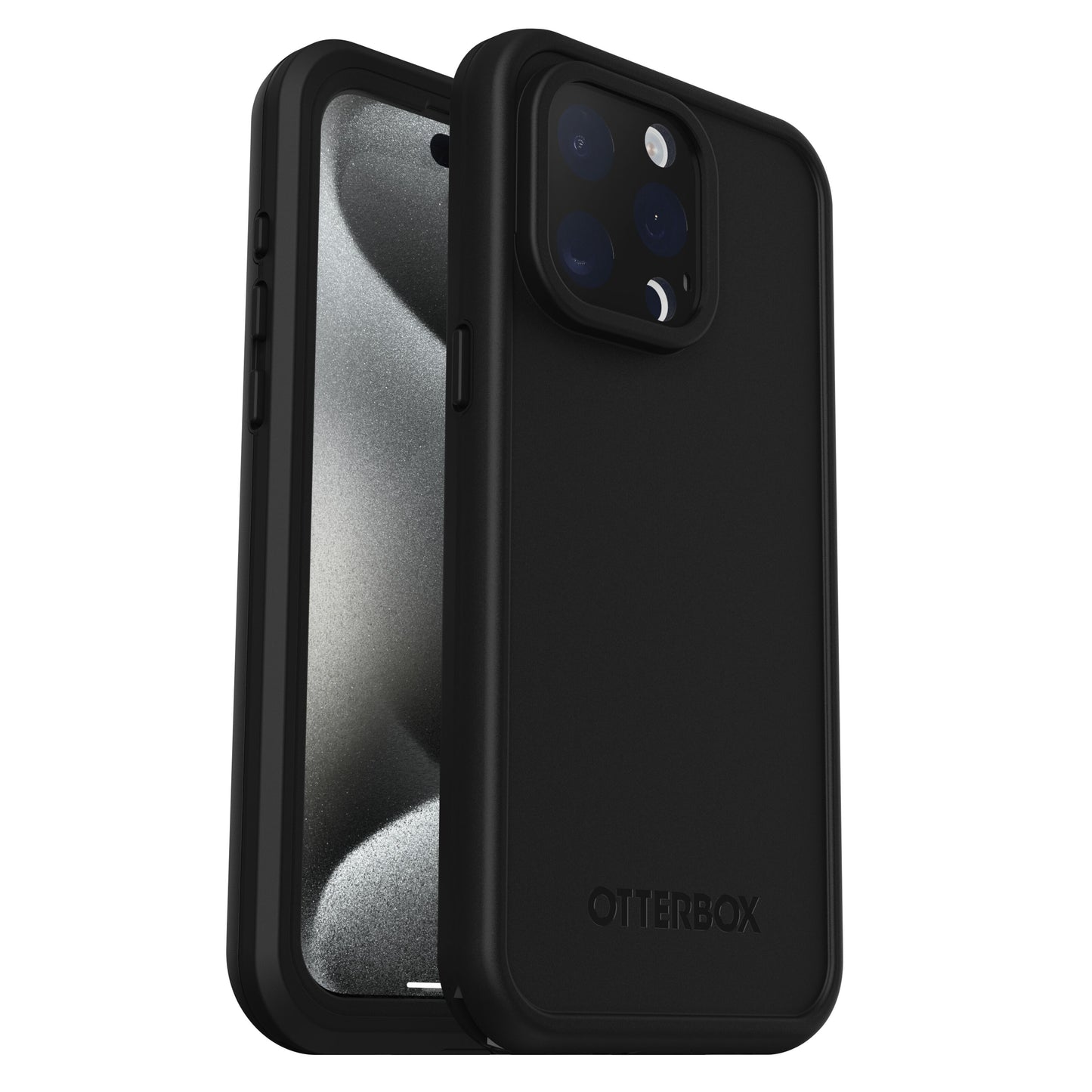 Otterbox Fre sort mobilcover til iPhone 15 Pro Max, vises bagpå med kameralens udskæring og foran, understøtter MagSafe.