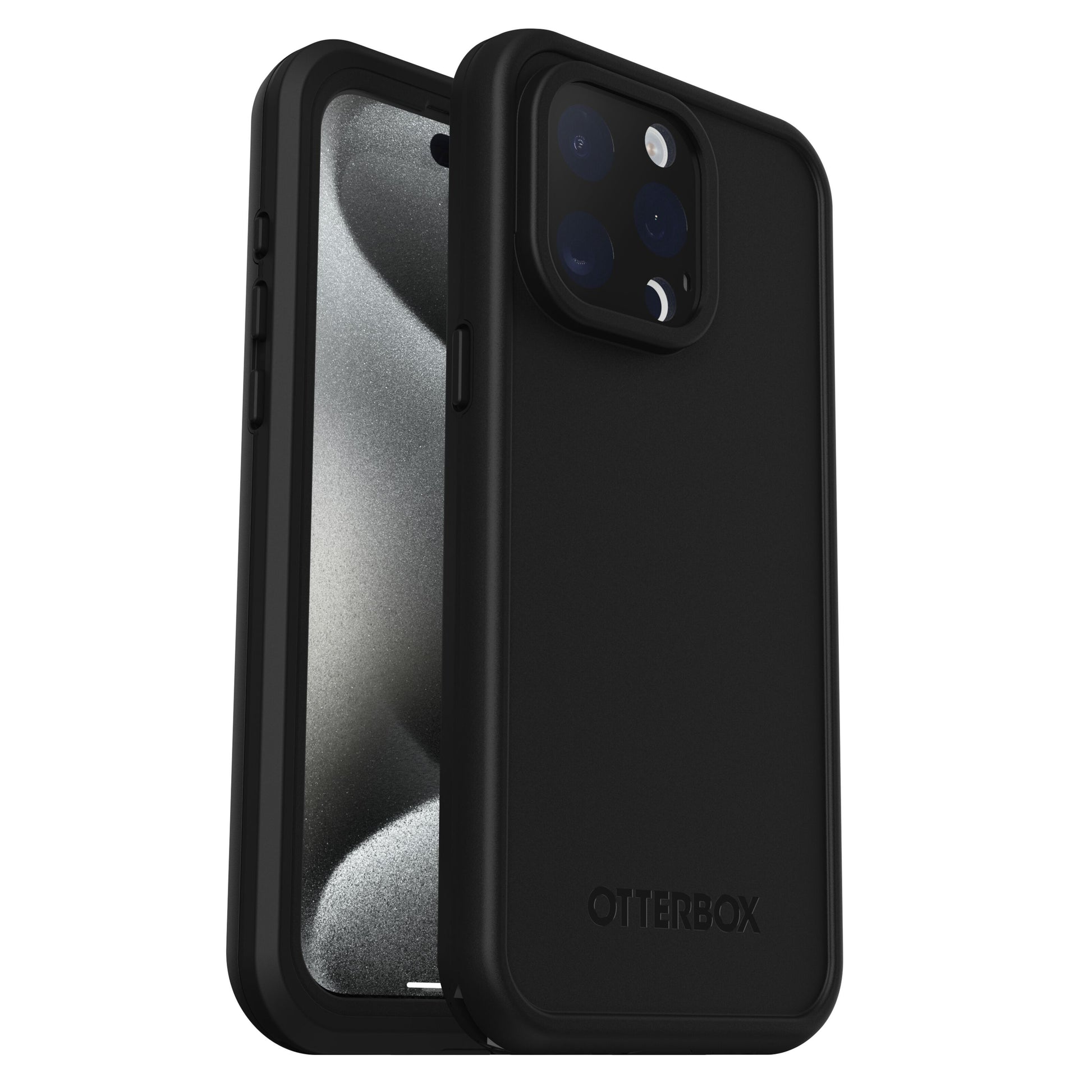 Otterbox Fre sort mobilcover til iPhone 15 Pro Max, vises bagpå med kameralens udskæring og foran, understøtter MagSafe.