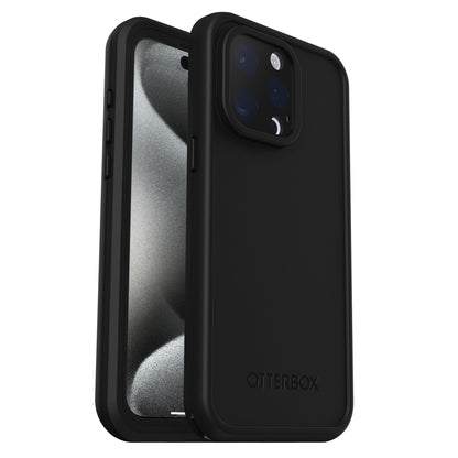 Otterbox Fre sort mobilcover til iPhone 15 Pro Max, vises bagpå med kameralens udskæring og foran, understøtter MagSafe.